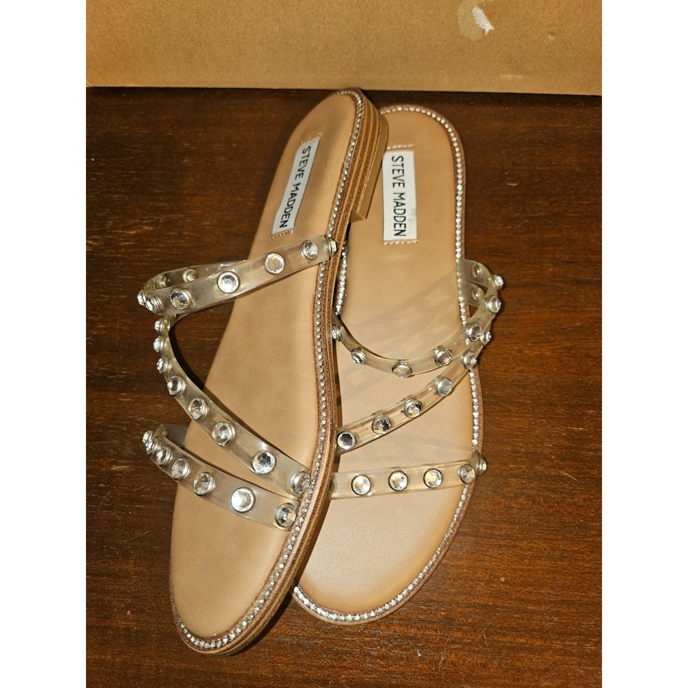 STEVE MADDEN Women Beige Slide Clear Diamond Strap Sandal Size 7.5 New in box - Picture 8 of 10